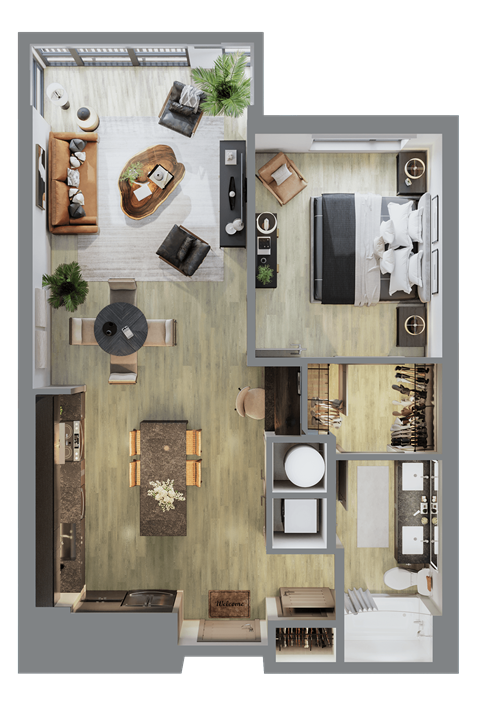 Floor plan for 1 bed, 1 bath, 820 sqft